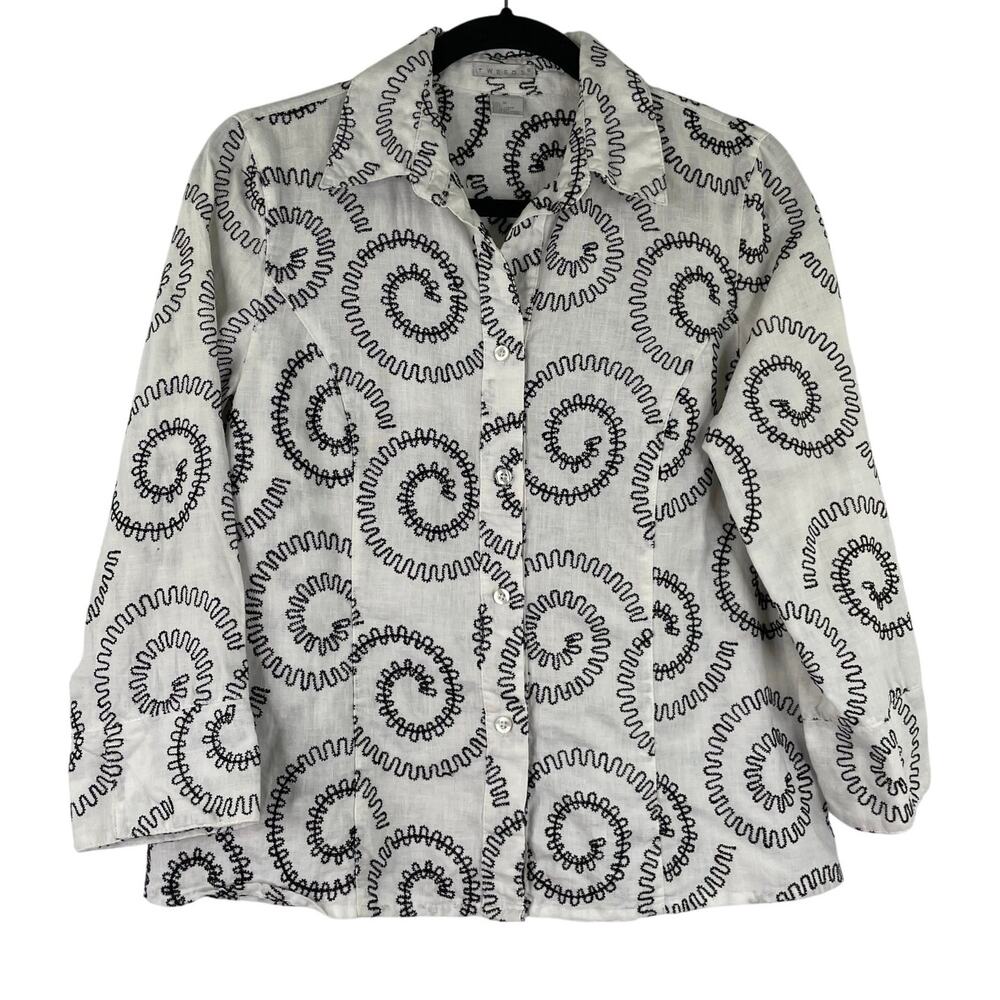 Tweeds 100% Linen White Button Down Black Embroidery Women's Size Medium